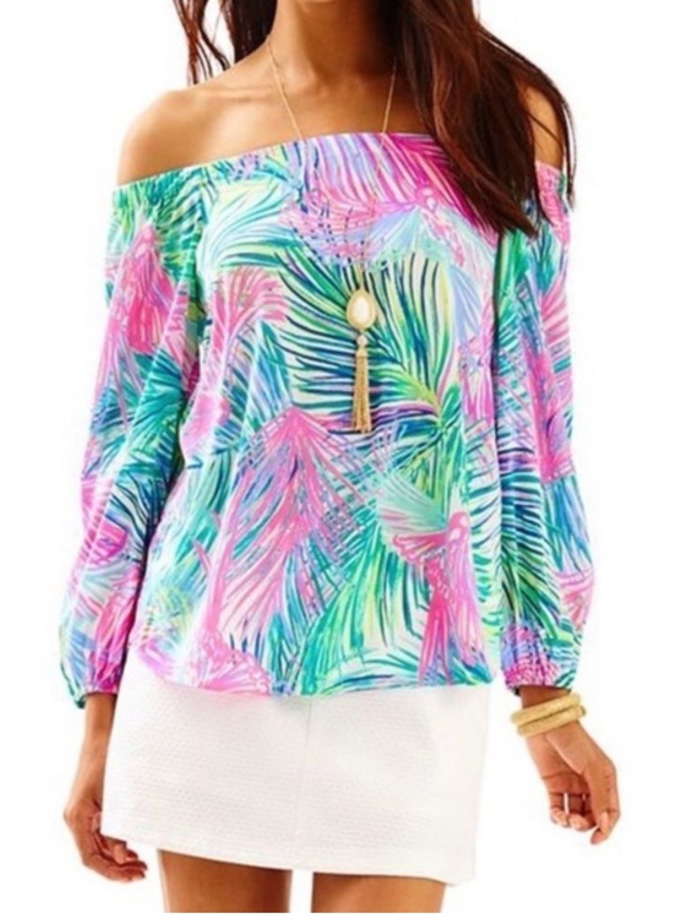[Lilly Pulitzer] Adria Silk Multi Scarlet Macaw Palm Print Off-Shoulder Top